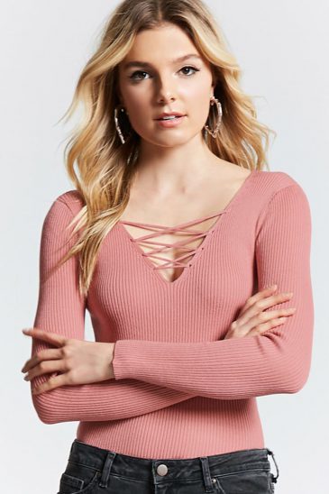 Ribbed Knit Lace-Up Top